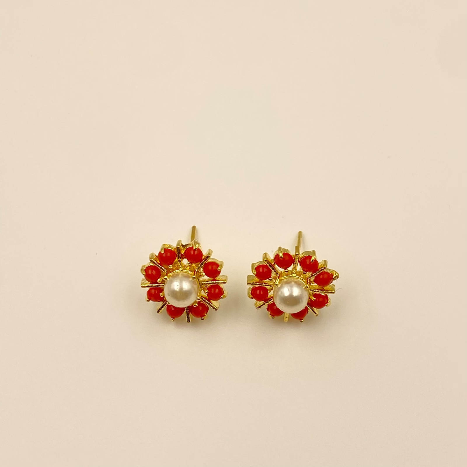 Handmade Turquoise, Coral & Pearl Gem Stud Earrings Set | Gold Plated Jewelry