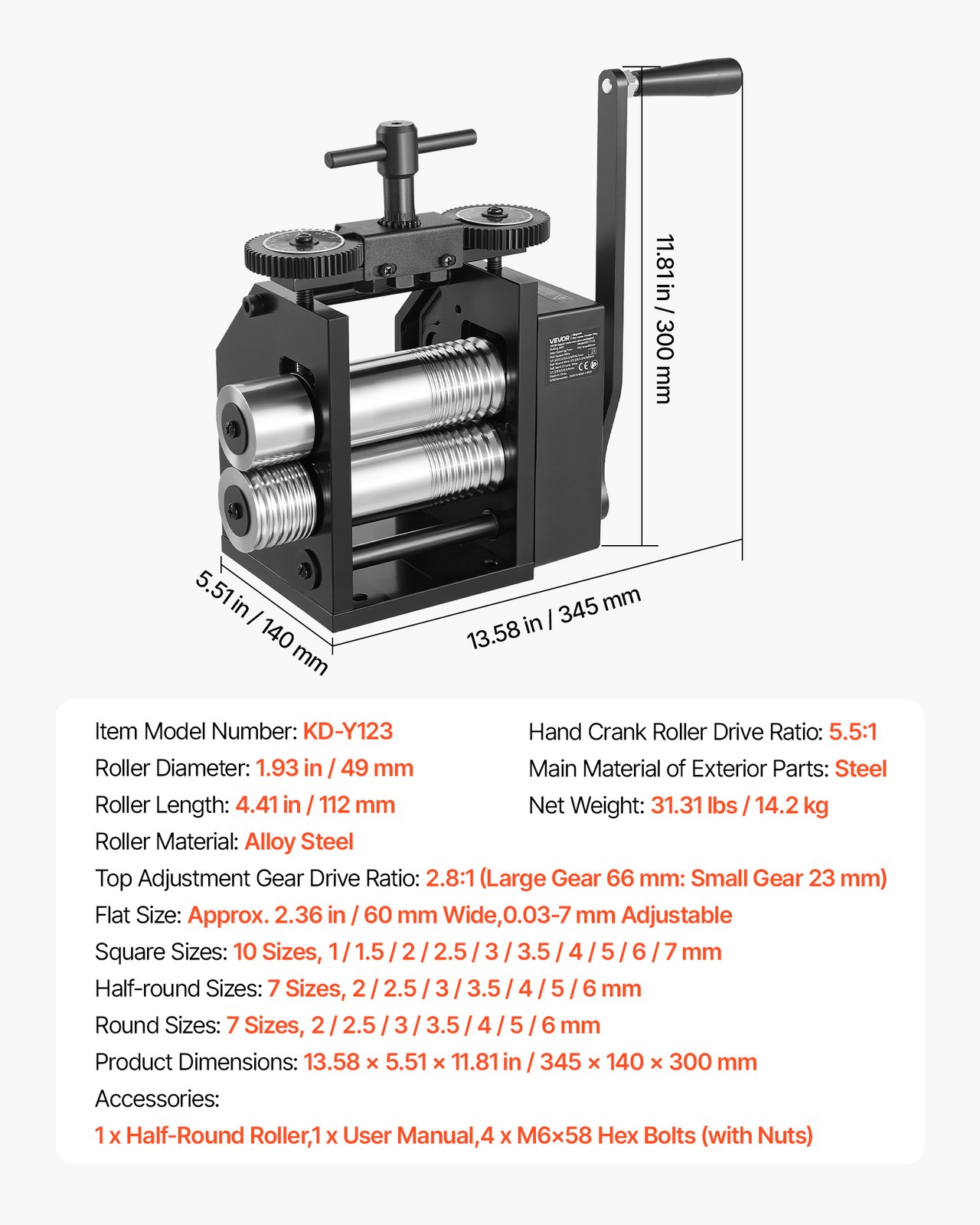 VEVOR Rolling Mill Jewelry Roller Mill 4-in-1 Round Flat Square and Half-Round