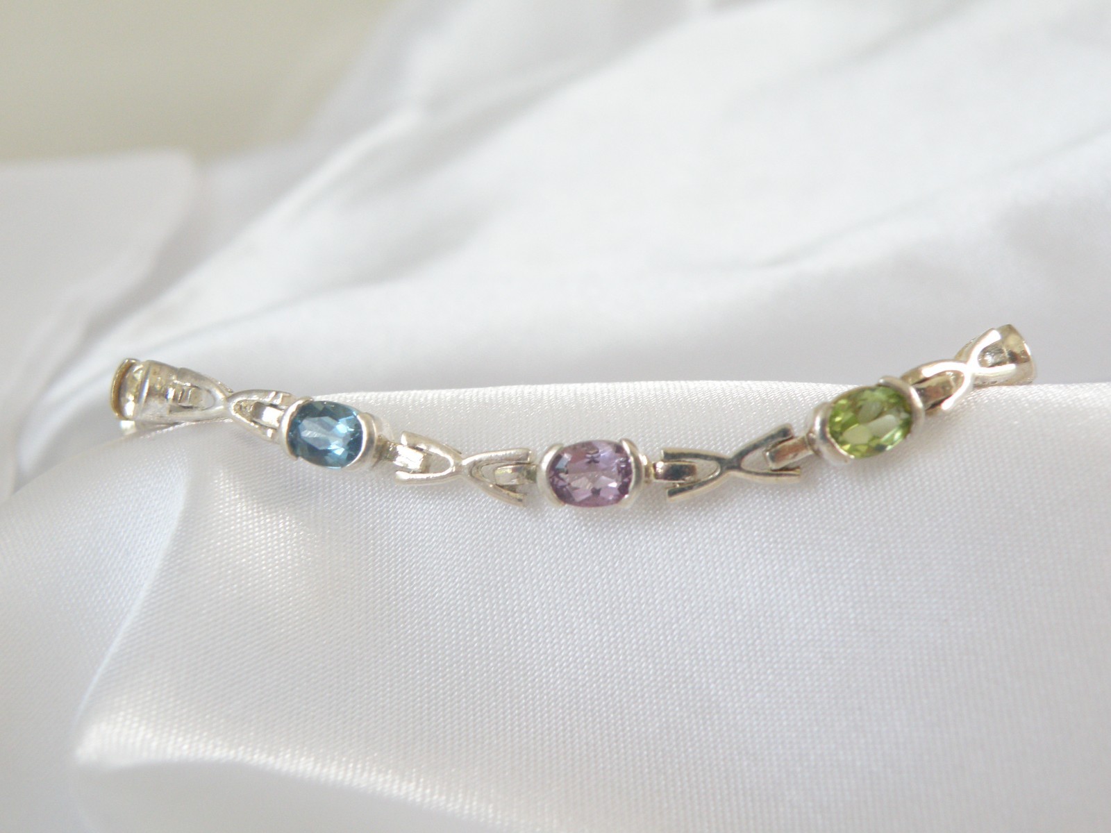 Vintage Sterling Silver 925 Gemstone Tennis Station Link Bracelet 7″