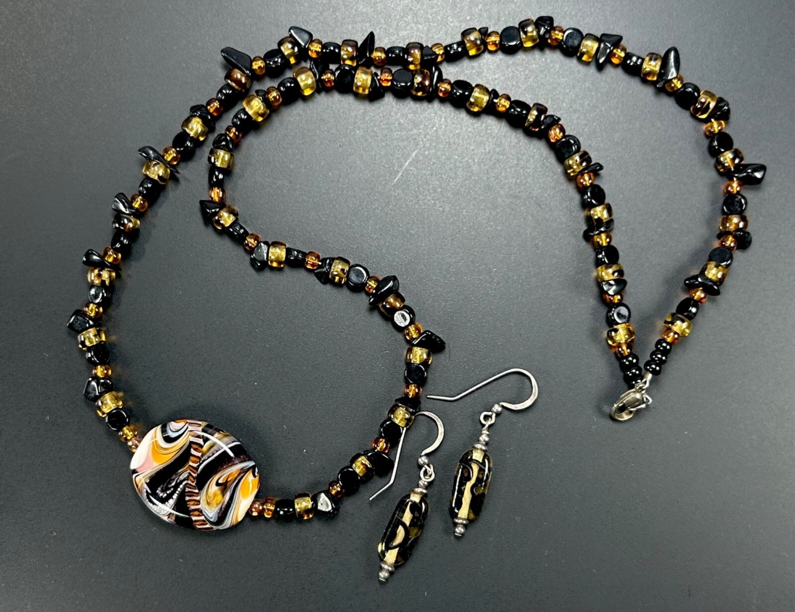 925 Glass Beaded Necklace Earrings Set Swirled Orange Amber Brown Black White