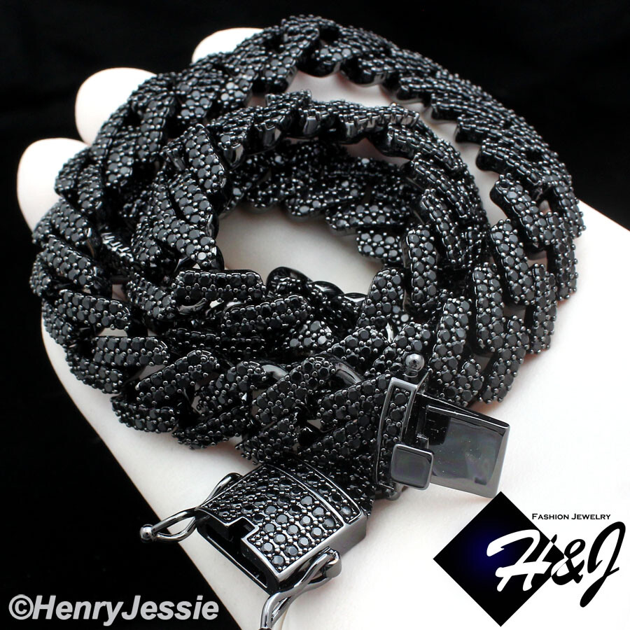 16-30″MEN 14K BLACK GOLD PLATED ICY BLACK CZ 14MM MIAMI CUBAN CURB NECKLACE*BBN6