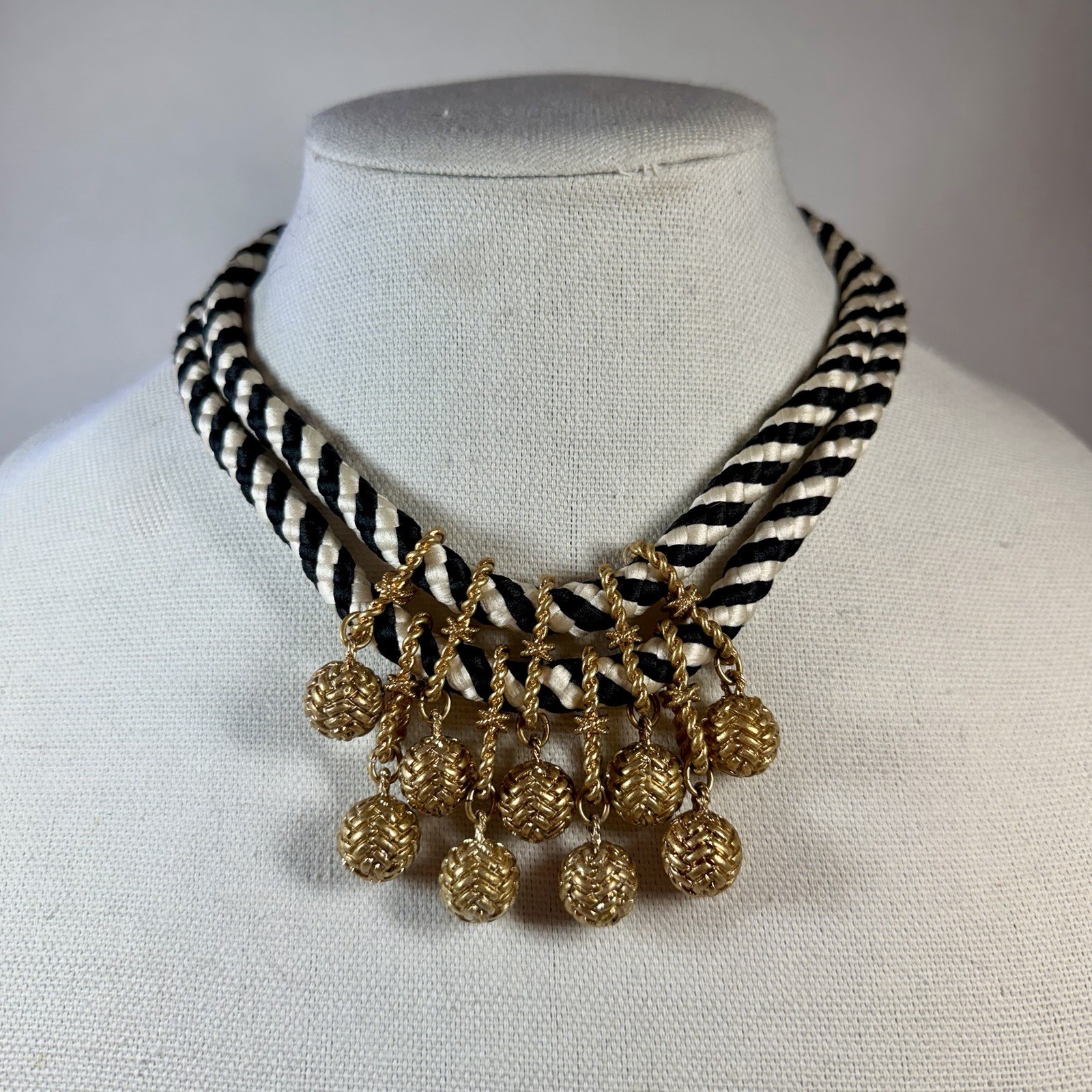 Stella & Dot Kalani Statement Necklace Black White Gold Rope Ball Knots 16–20”