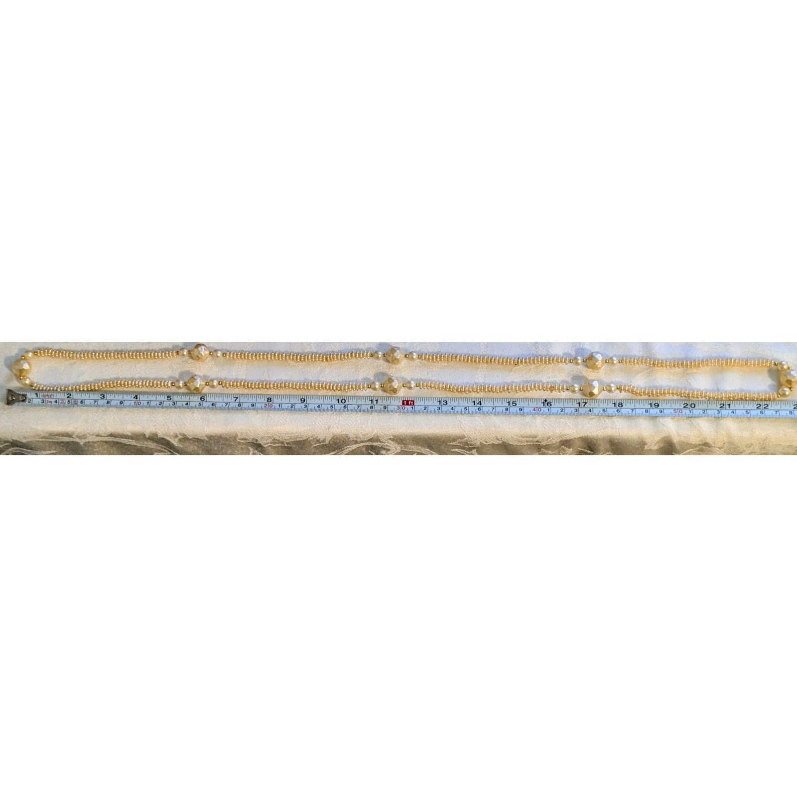 Vintage 45″ Long Faux Pearl Necklace Chunky Faceted Geometric Beads Opera Strand