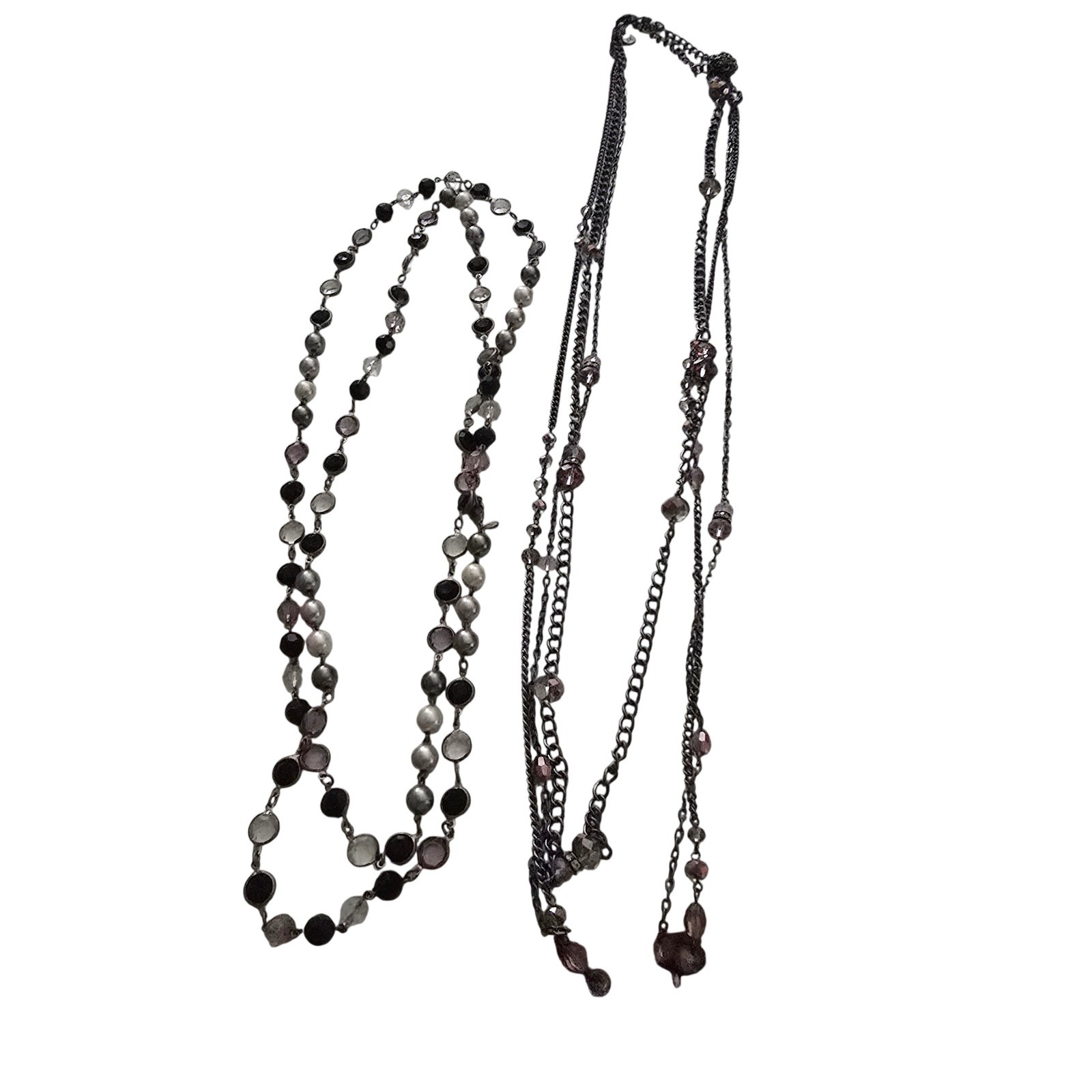 Lot of 2 Long Beaded Necklaces Faux Pearl Gunmetal Multi Strand Fashion Jewelry