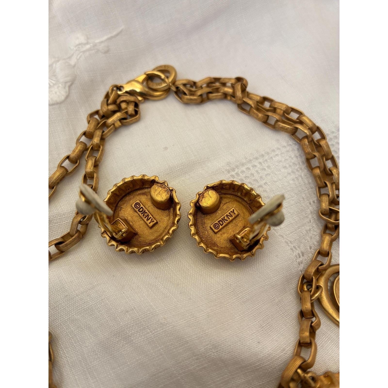 Vintage DKNY Donna Karan Bottle Cap Double Strand Necklace & Clip-On Earrings