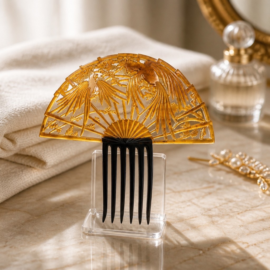 Vtg Large Art Nouveau Hair Comb Honey Amber Celluloid Figural Parrots Curved 8″