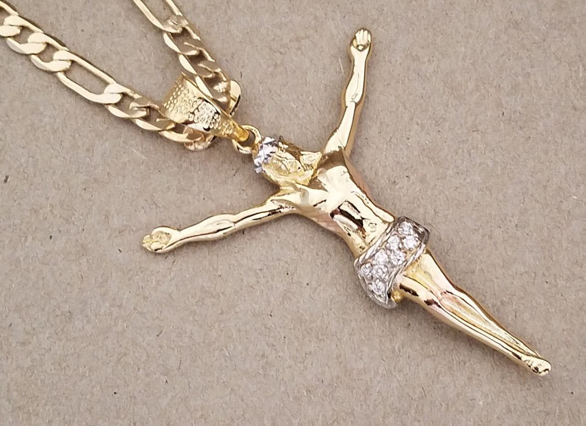 Men Yellow Gold Rhodium Plated 24in Figaro Chain & CZ Christ Open Arms Charm Set