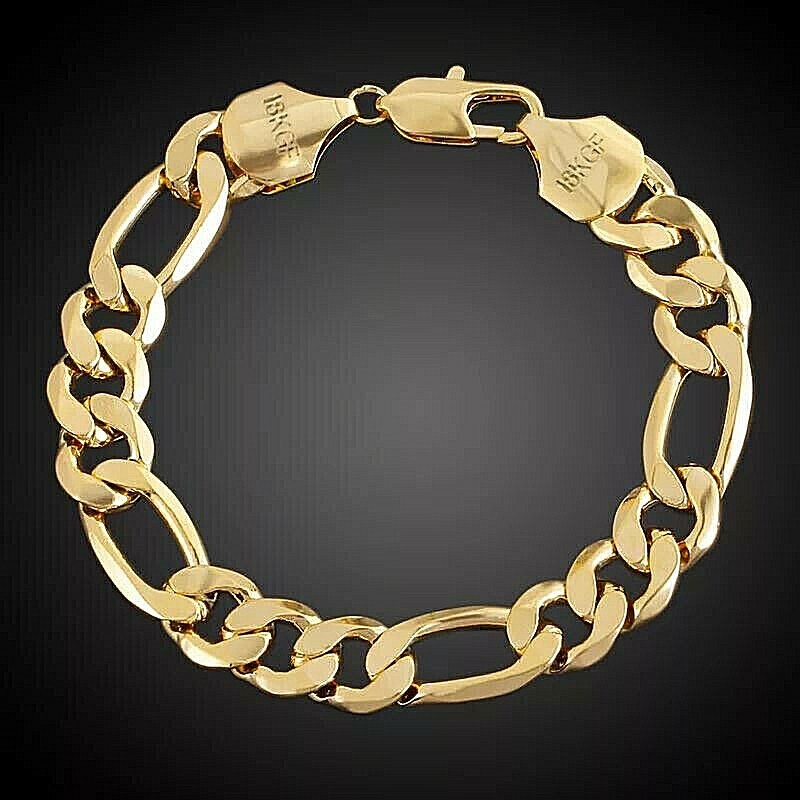 Bracelet Bangle 18k Yellow Gold Filled Solid Mens Heavy Bling Figaro Design 23cm