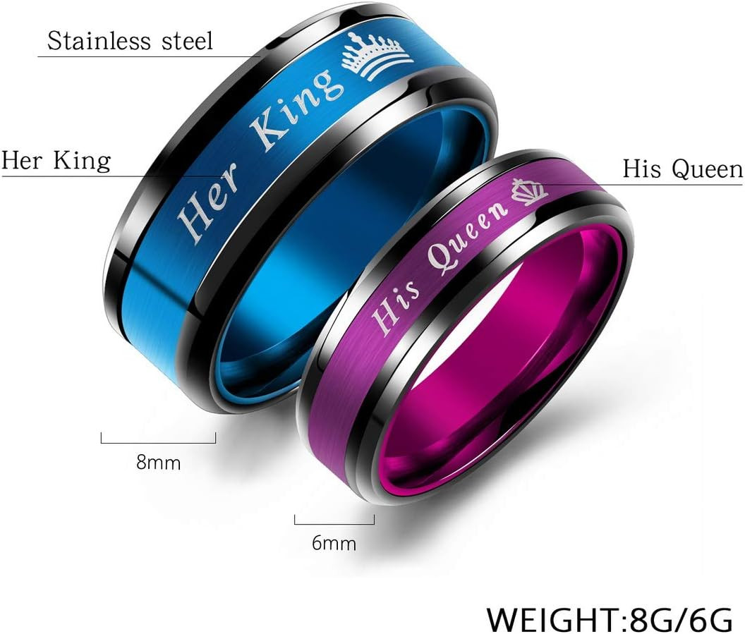Set de 2 anillos de acero pareja Rey y Reina para boda compromiso o promesa