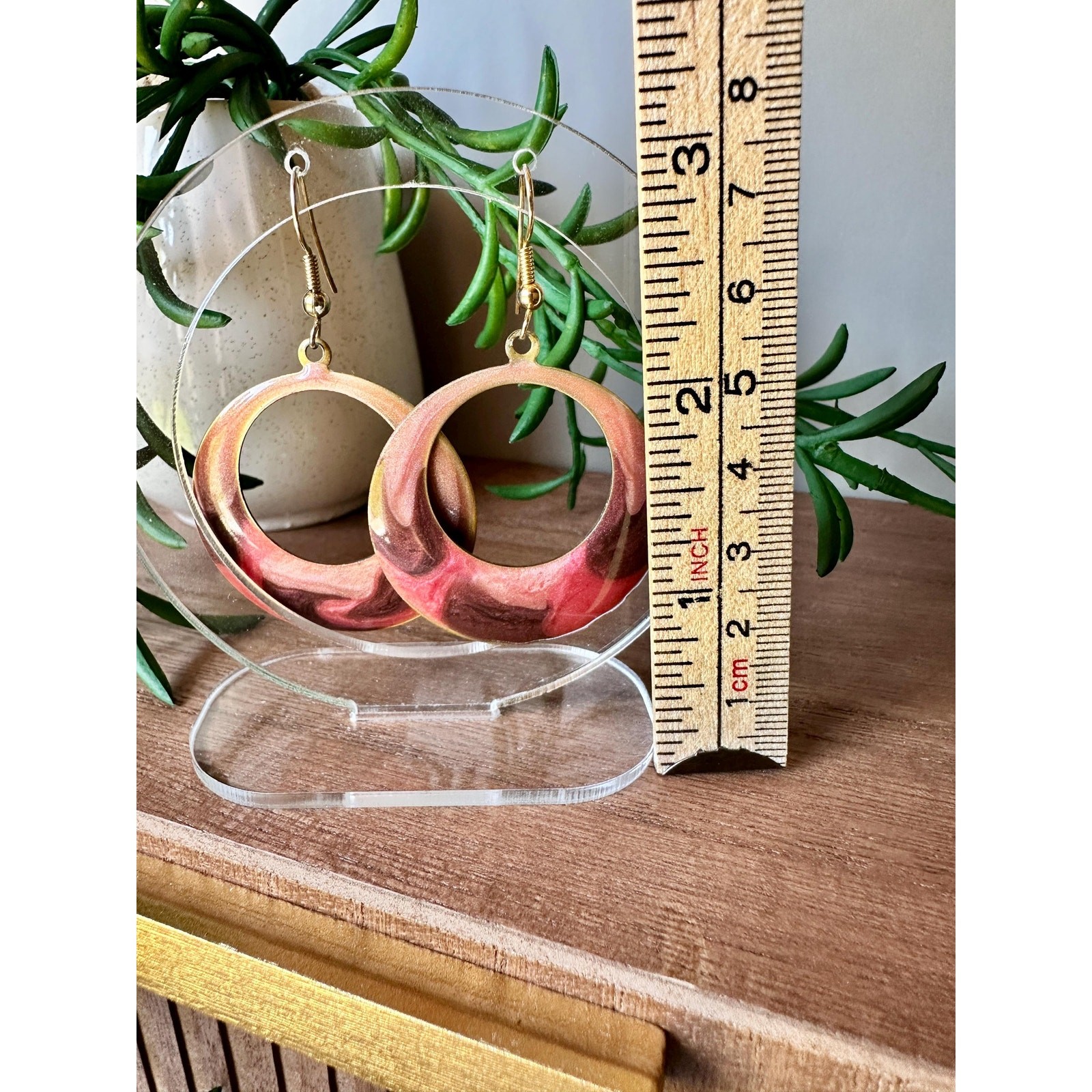 Retro Enamel Hoop Earrings | Pink Brass Statement Jewelry