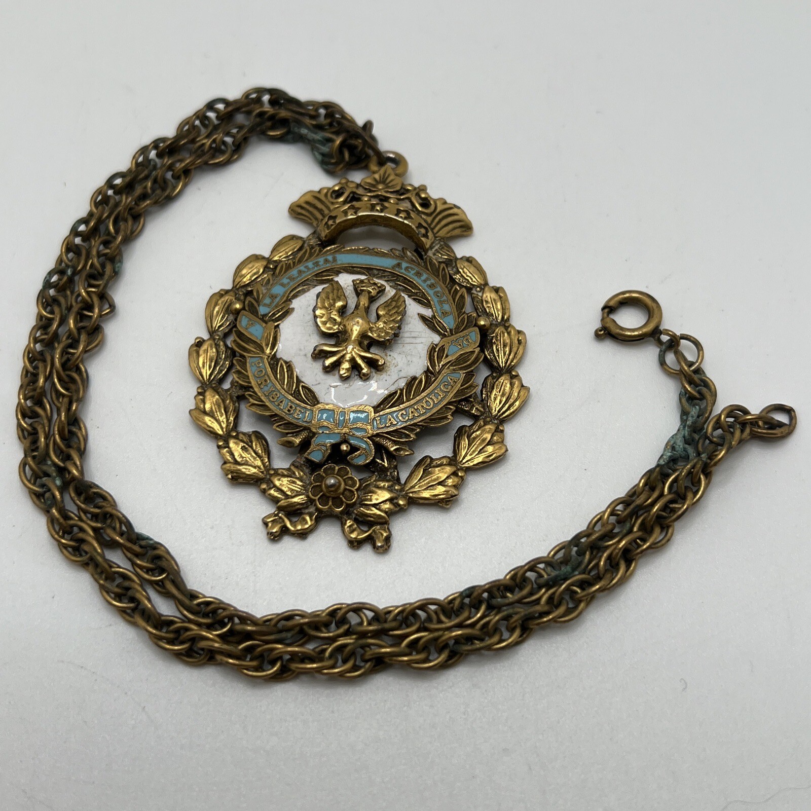 Vtg CORO Crown Eagle Pendant Enamel Isabel la Catolica Spain Medallion Jewelry