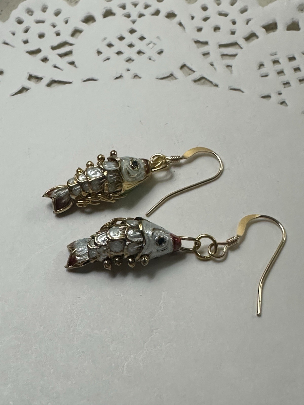 Cloisonné Enamel Articulated Koi Fish Dangle/Drop Earrings White NEW