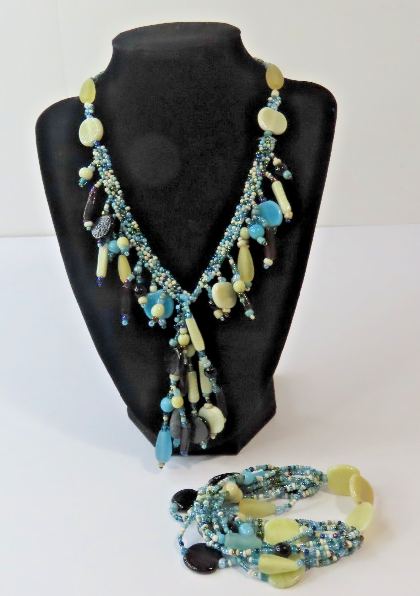 Multi Strand Turquoise, Black & Cream Colored Bead Necklace Bracelet Set