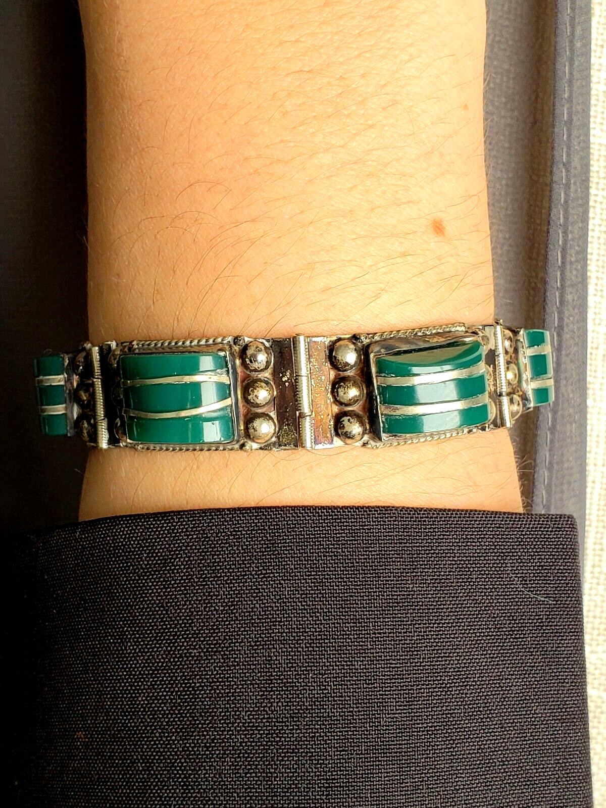 MEXICO DPD Sterling Silver Bracelet VIntage Green Onyx Panel Link 6.5 Inch Boho