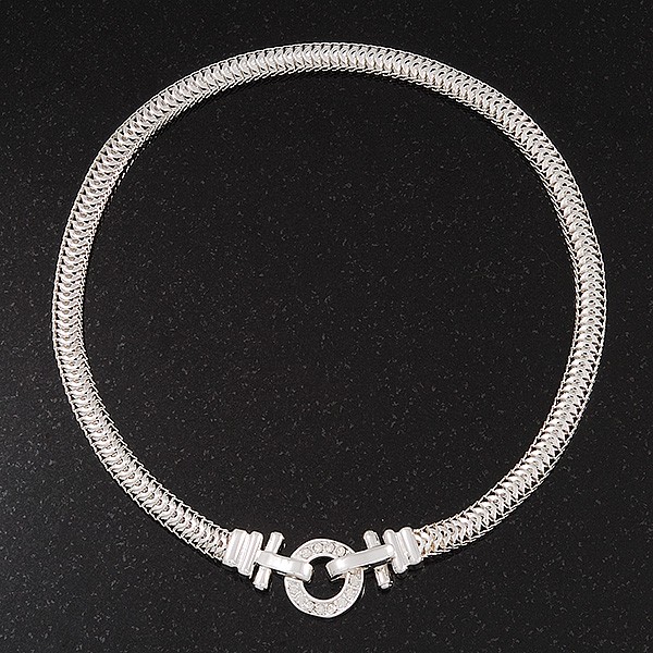 Rhodium Plated Mesh Necklace With Crystal Ring – 40cm Length