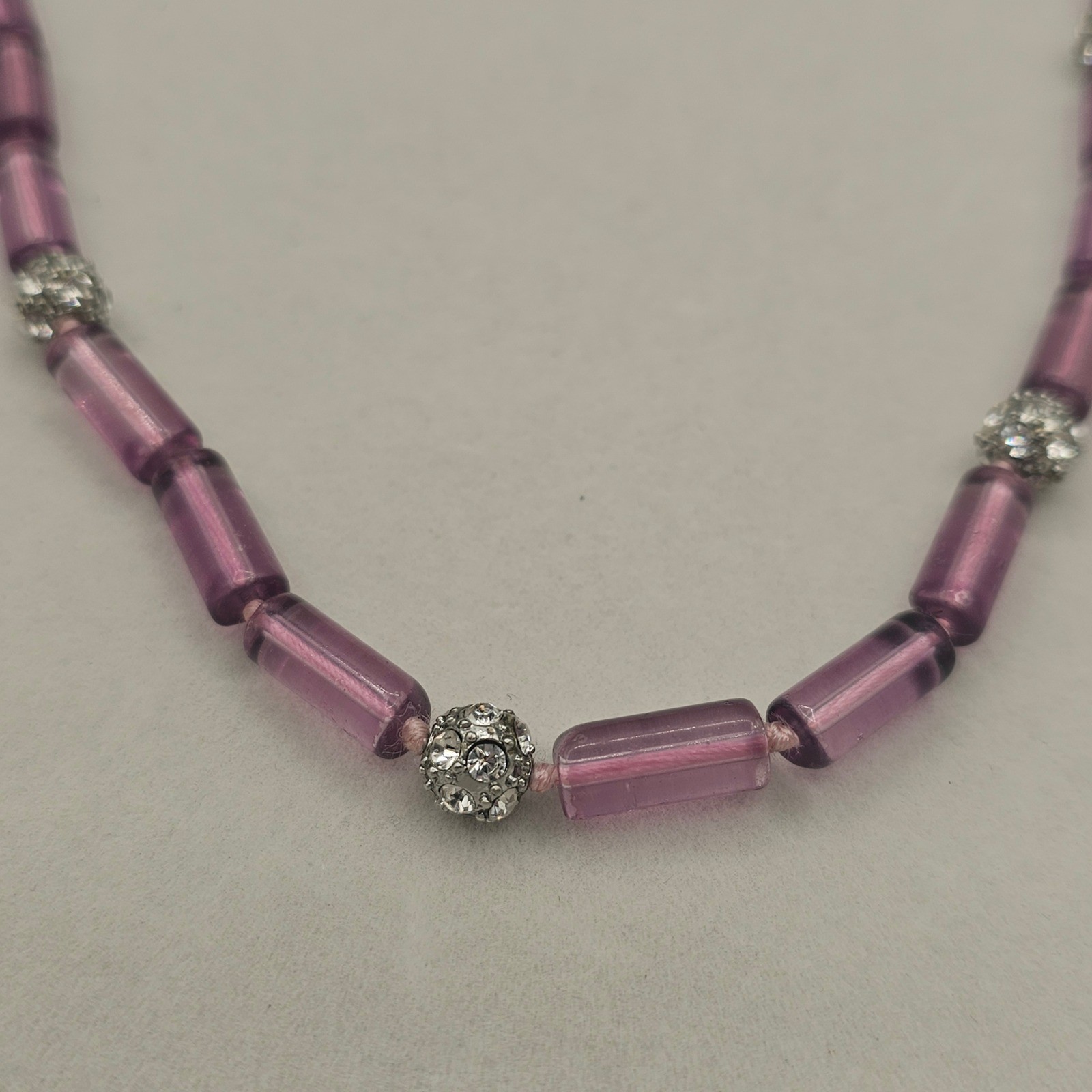Lavender Purple Tube Bead Ribbon Tie Necklace Rhinestone Bead Spacers Coquette