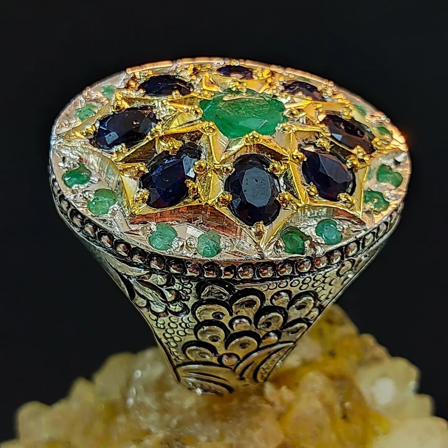 Natural Emerald Stones with Sapphire Stones Ring Multi Stones Handmade Ring