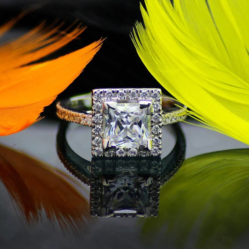 2.76 TCW Princess Cut Moissanite Halo Engagement Ring In 14k White Gold Plated