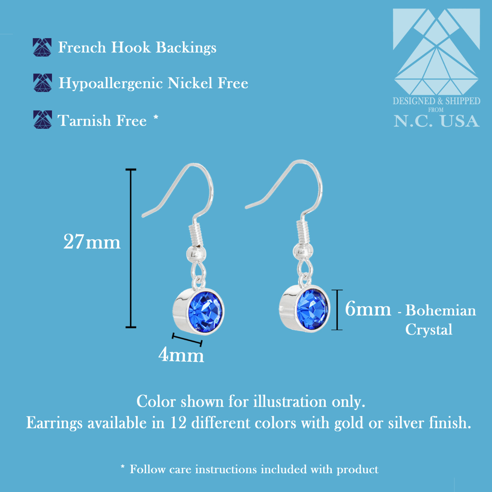 September Drop Earrings, Sapphire Blue Bohemian Crystal, Silver Birthstone