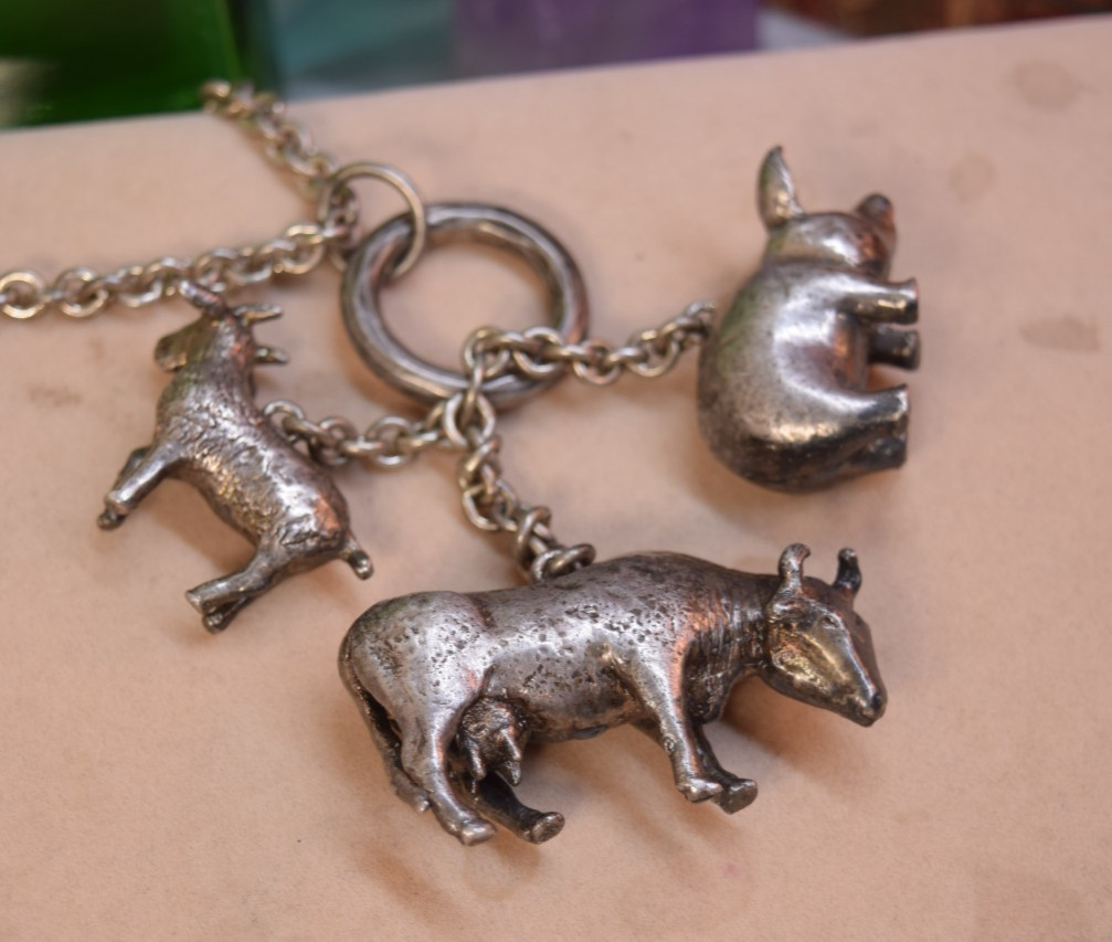 Susan Cummings Sterling Farm Animal Big Charm Pendant Necklace Cow Pig Goat 30″