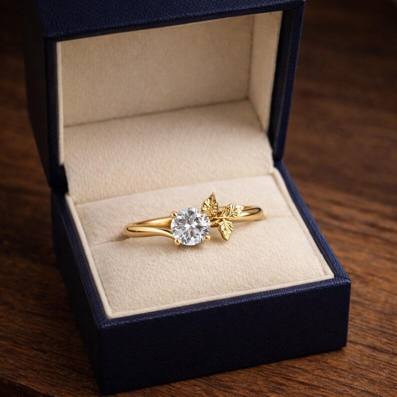 Nature Inspired Round Moissanite Ring Stackable Leaf Style Anniversary Gift Her