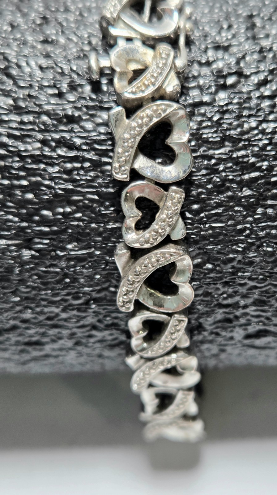 Vintage 925 Sterling Silver Diamond Accents Heart Link Tennis Bracelet 7¼”