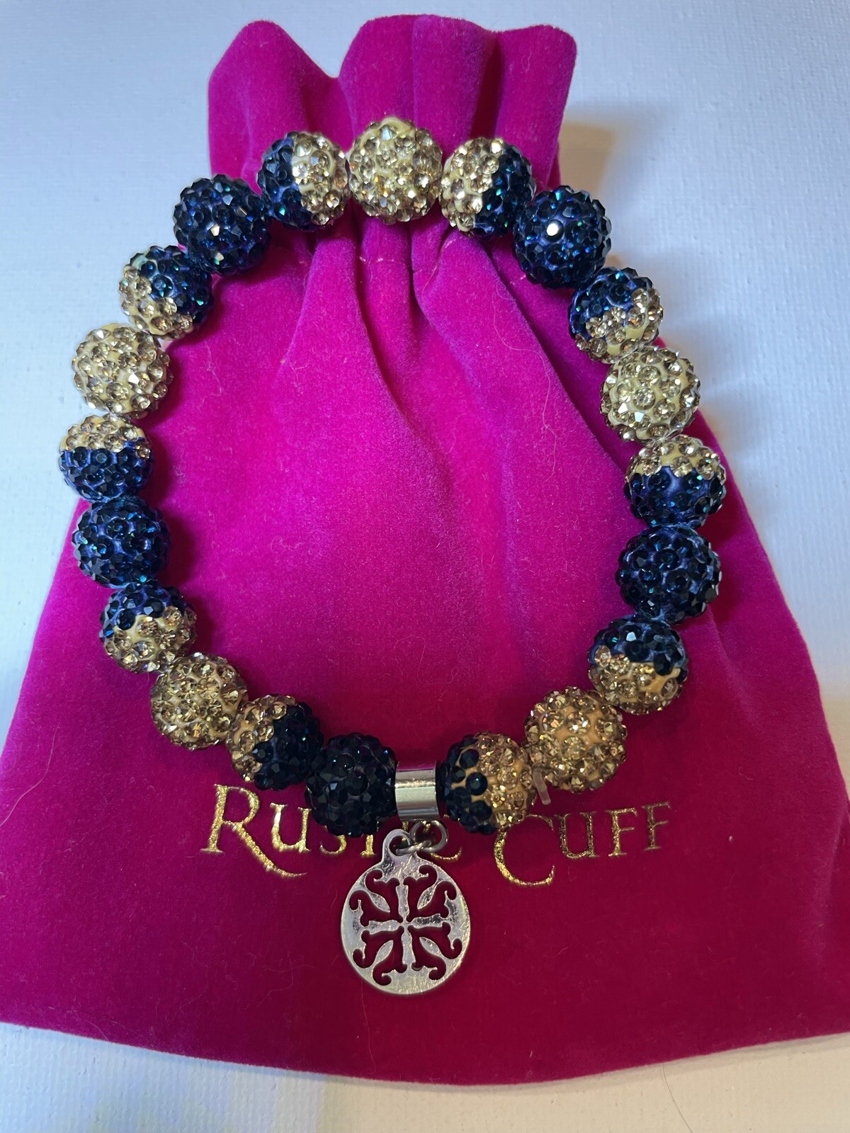 Rustic Cuff Bracelet 2 Piece Set Shambala Beads And Mesh Band Navy/Gold w/bags
