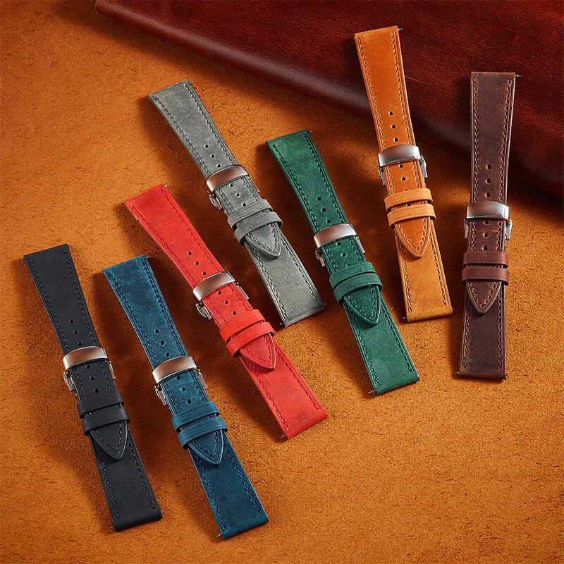 Vintage Cowhide Leather Strap Butterfly Buckle Watch Band 20mm 18 19 21 22 24mm