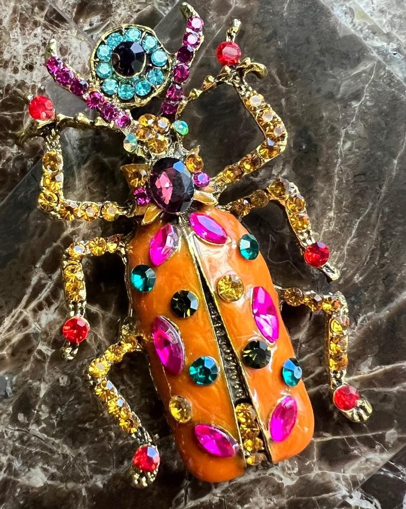 Scarab Beetle Pin LARGE Orange Enamel Rhinestone Victorian Egyptian Rev Vtg