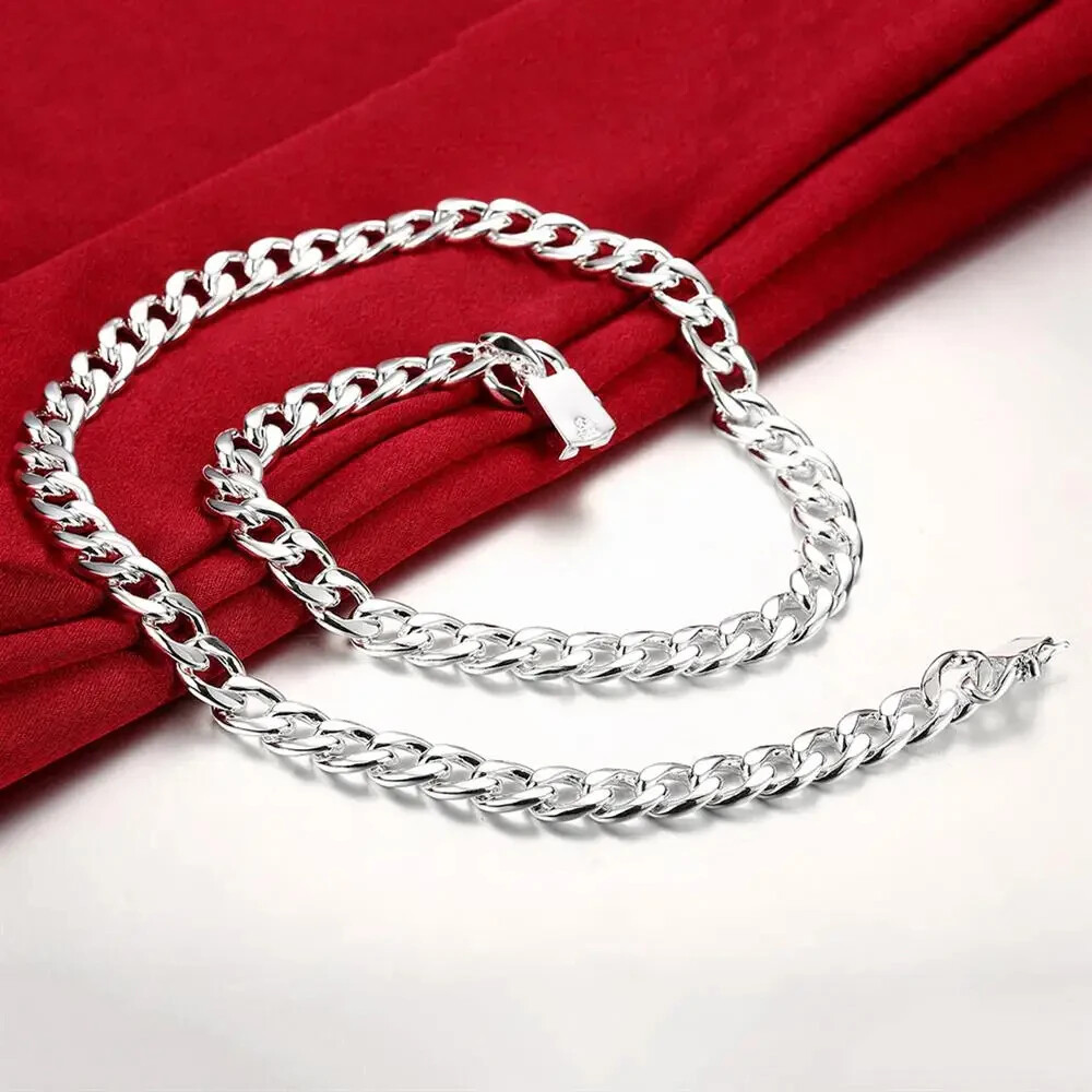 URMYLADY 925 Silver Solid 10MM Chain Necklace Bracelets Jewelry Sets 50/55/60CM