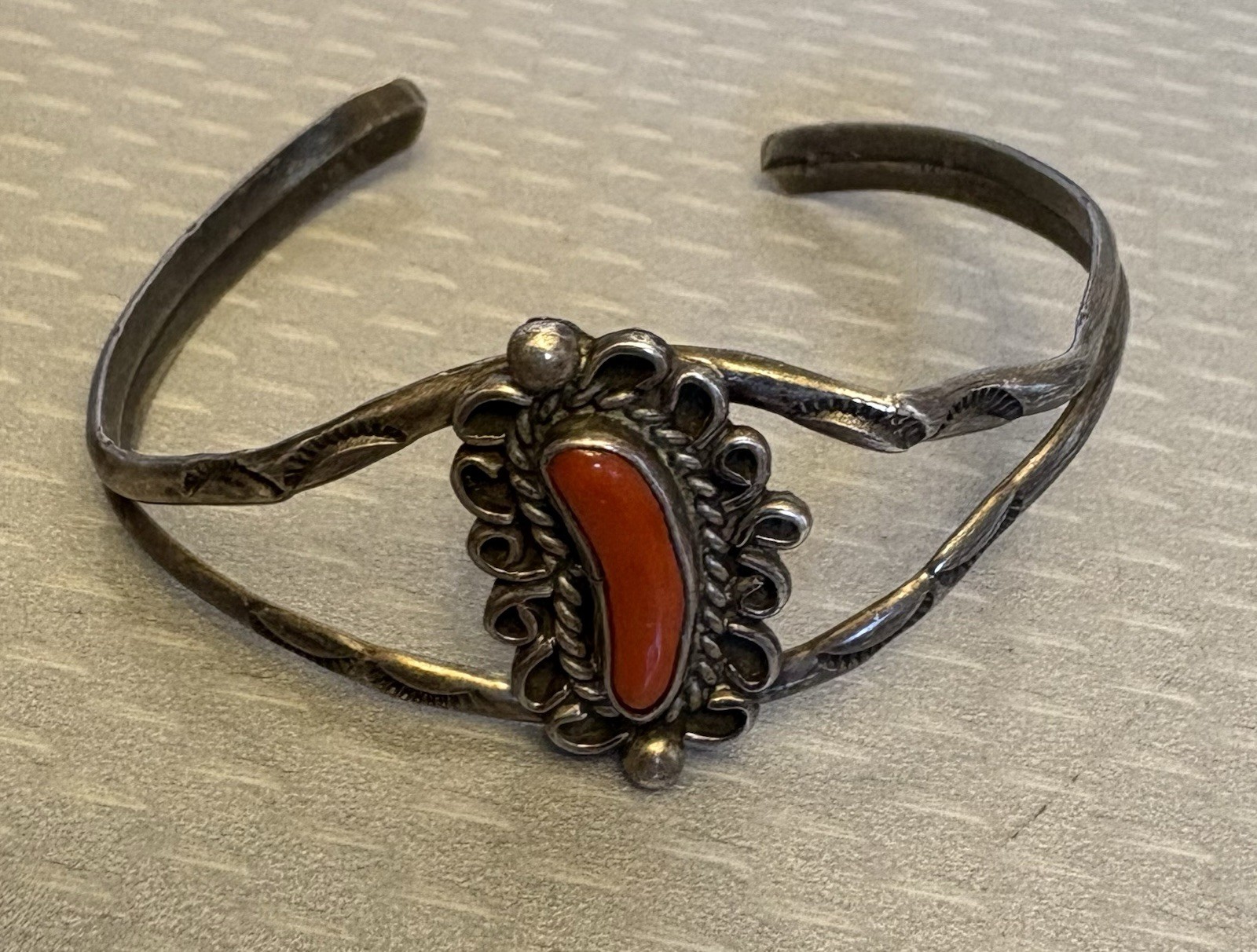 Vintage Navajo Sterling Silver Red Coral Cuff Stampwork Signed JJJ Bracelet READ