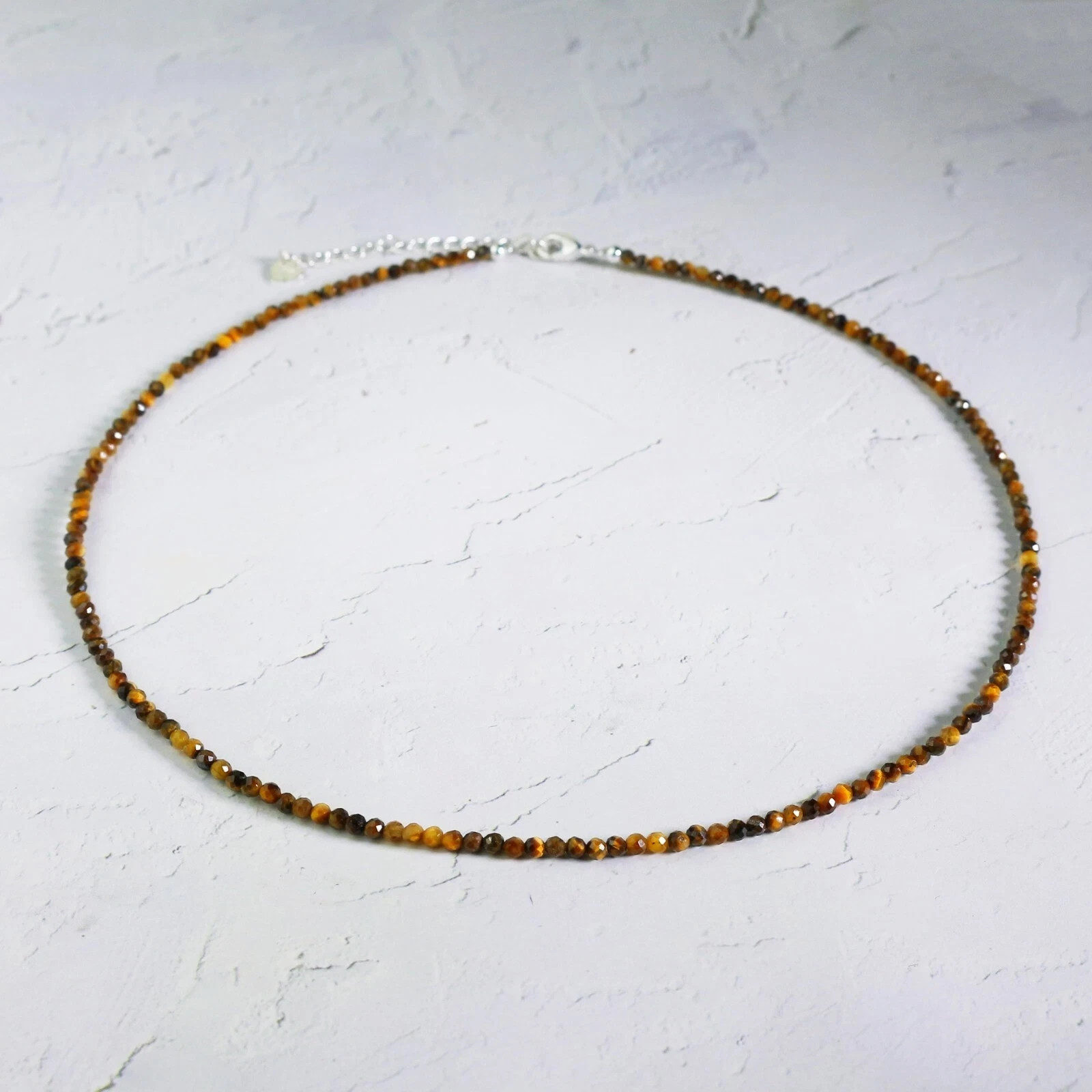 Natural Tiger’s Eye 2mm Beaded Choker Minimalist Healing Woman Crystal Necklace