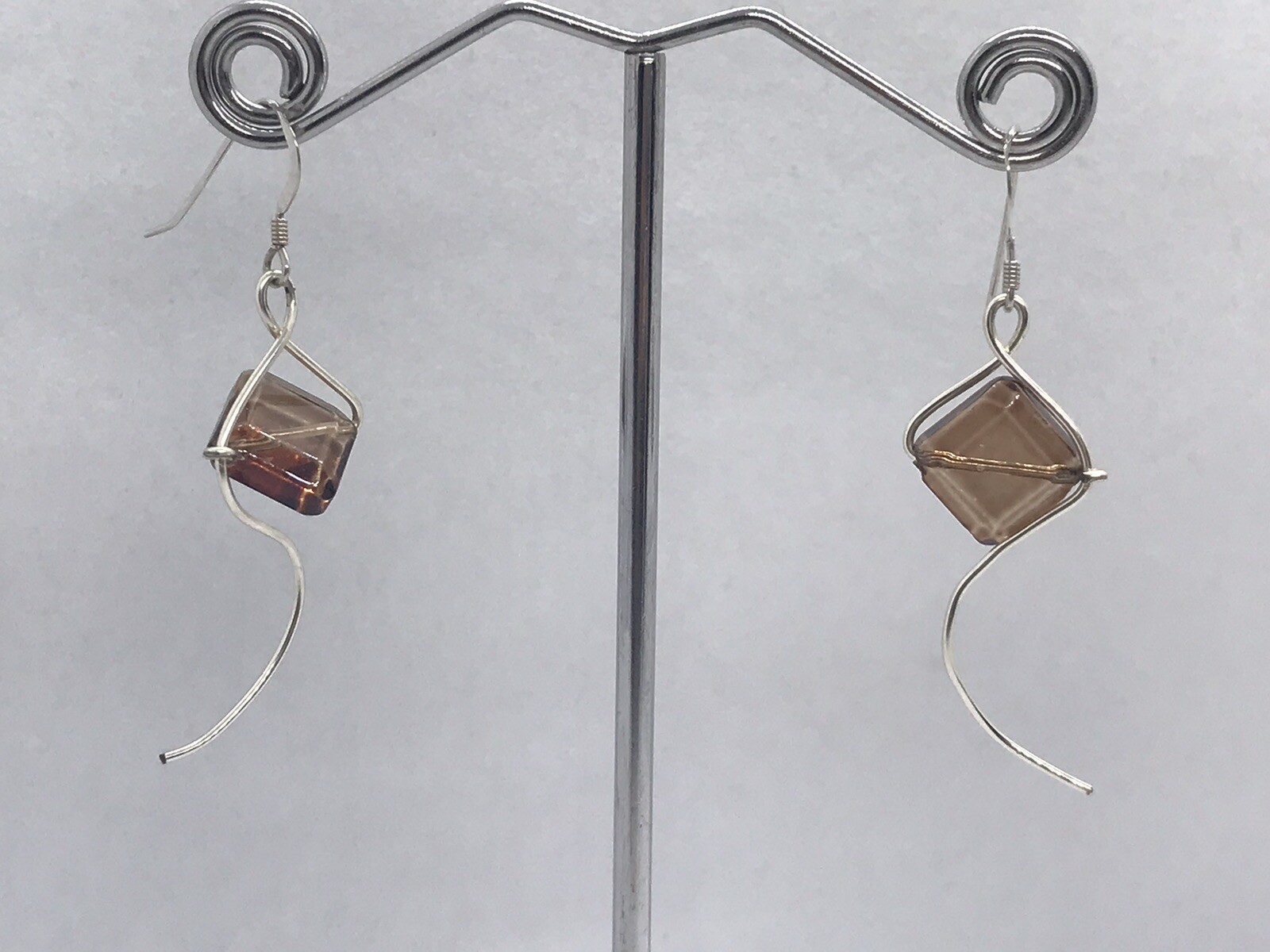 Sterling Silver 925 Rhombus Brown Glass & Wire Art earrings Kite Like