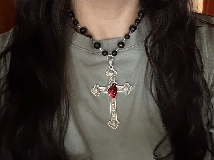 Large Victorian Cross Necklace Chain Silver Religious Gothic Grunch Whimsgoth