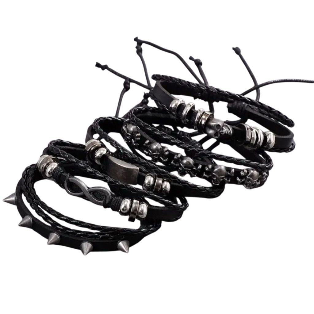 Men’s Gothic Punk Skull Bracelet Set Adjustable Black Skater Unisex Grunge