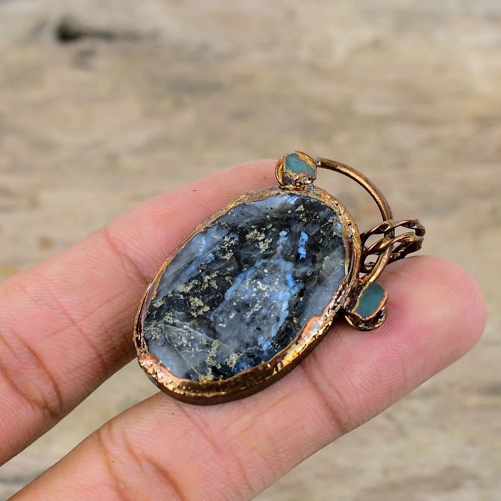 Larvikite Electroformed Pendant Handcrafted Copper Dailywear Jewelry 1.97″