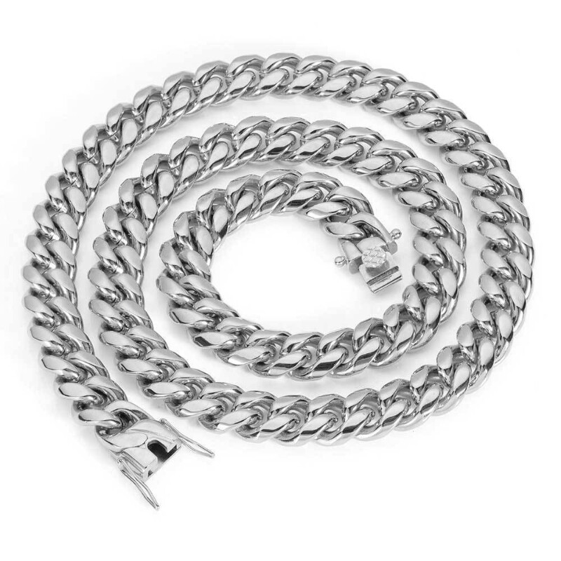 Heavy Stainless Steel Men’s Miami Cuban Link Chain Bracelet 8mm-14mm Necklace