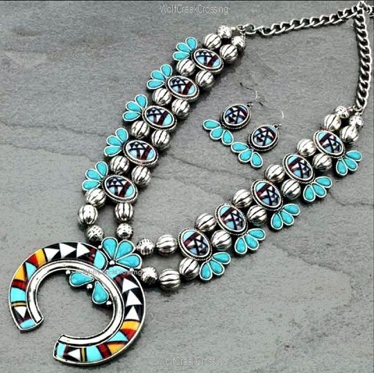 NAVAJO SUNRISE NECKLACE EARRINGS JEWELRY SET NAJA MOSAIC CRESCENT MOON FREE SHIP