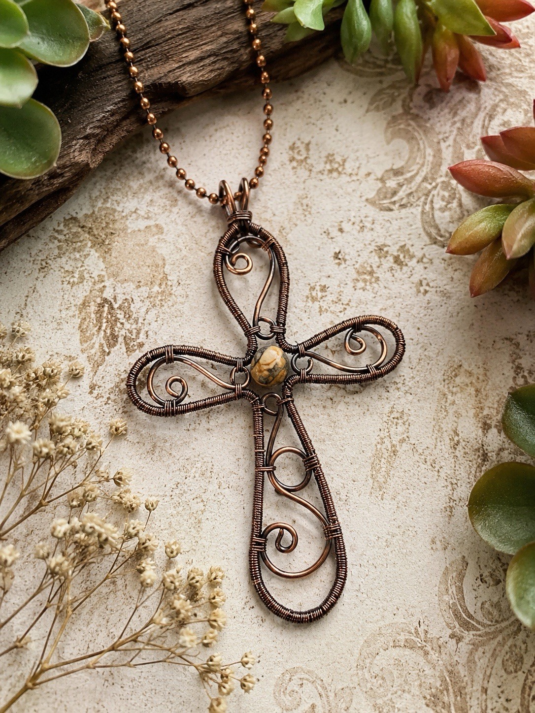 Handmade Copper Wire Wrapped Cross Pendant Necklace w Jasper Bead Artisan Boho