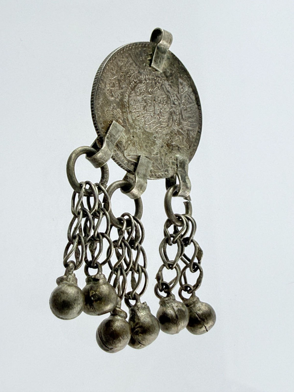 Vintage 1 Riyal Silver Coin with 6 Bell Tassels Pendant from Saudi Arabia 20g