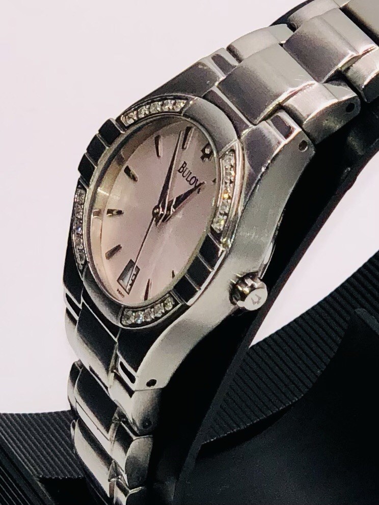 Bulova Light Pink Dial, Diamond Accent Bezel, Women’s Watch (Model 96R17) ~ 🔋✅