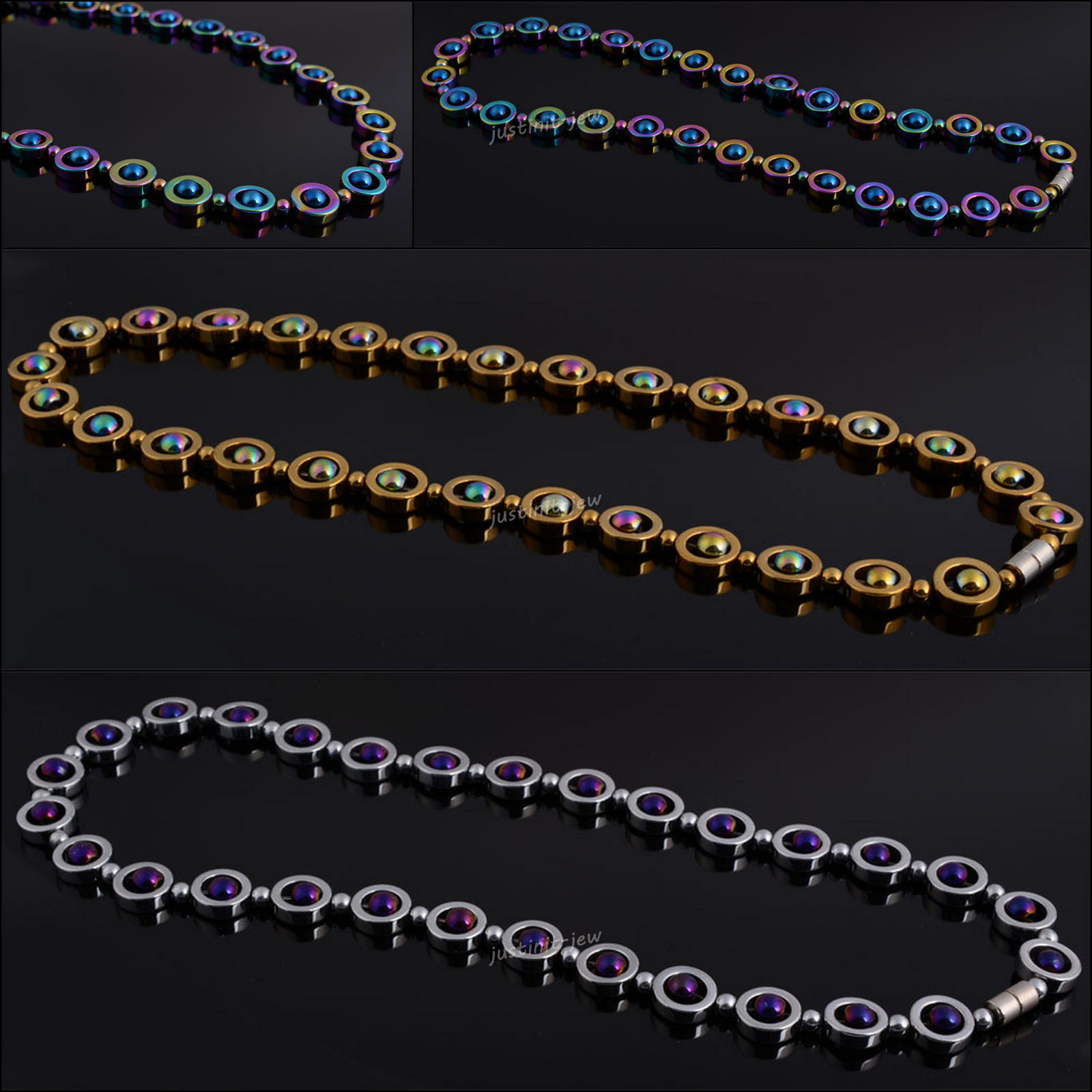12mm Coated metallic gold silver AB rainbow hematite donut beads necklace 18″