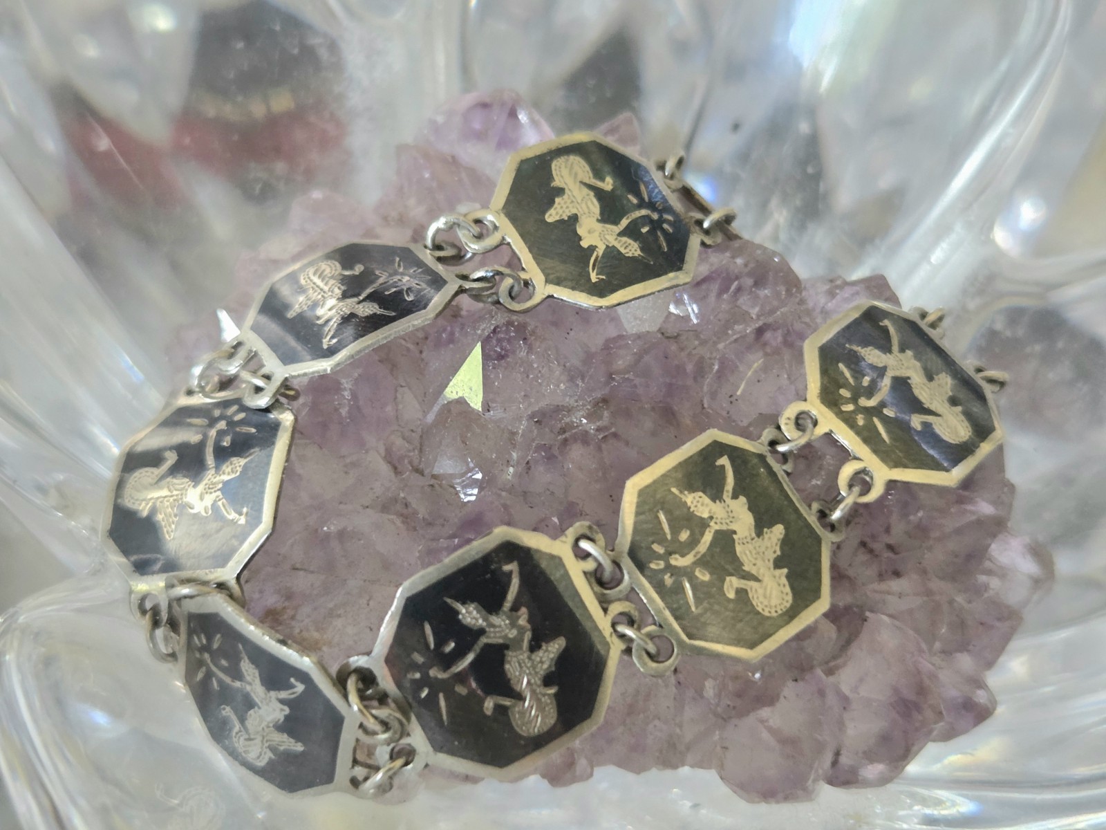 Vintage 925 Sterling Silver 40s Siam Black Enamel Dancer Goddess Bracelet 7.5in