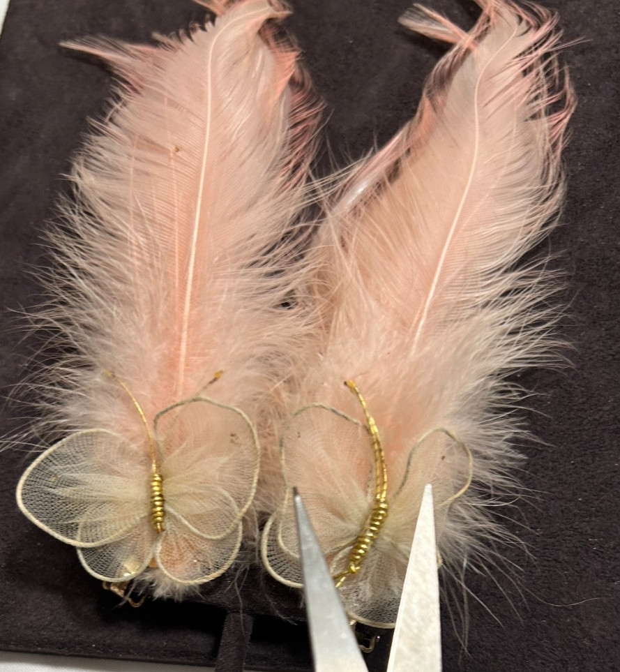 Vintage 1950’s Real Feather Butterfly Pink Special Occasion Earrings Clip-On 6″