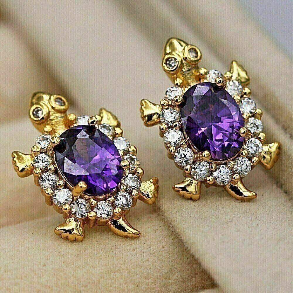4Ct Oval Simulated Purple Amethyst Tortoise Stud Earrings 14k Yellow Gold Plated
