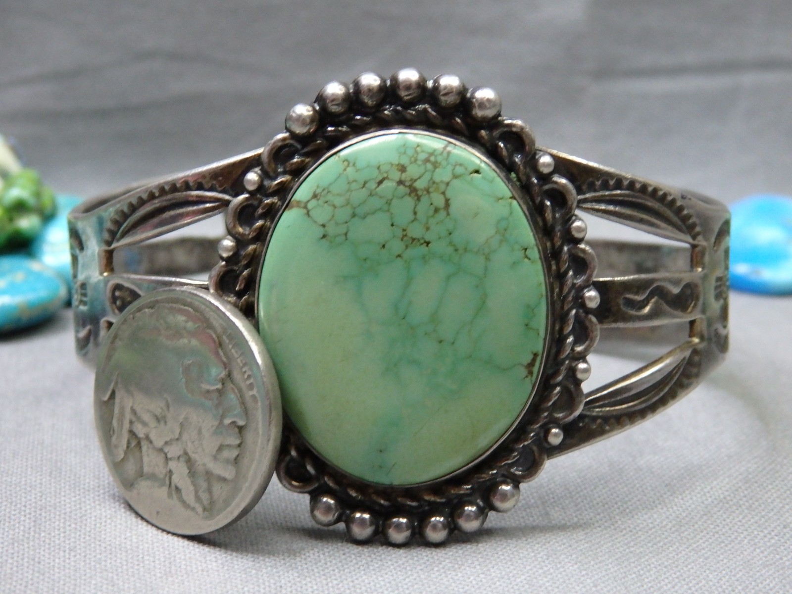 Fred Harvey NAVAJO Natural CARICO LAKE TURQUOISE Coin SIlver 36g Cuff Bracelet