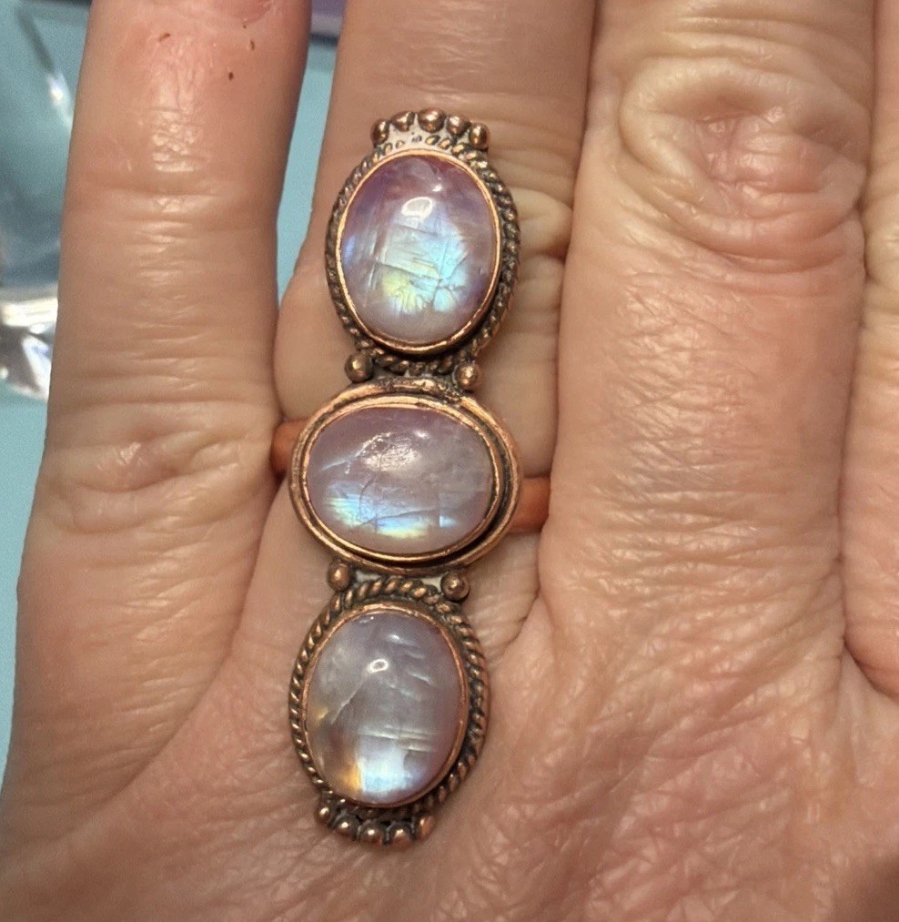Pink Moonstone Copper Adjustable Ring Sz 7-9