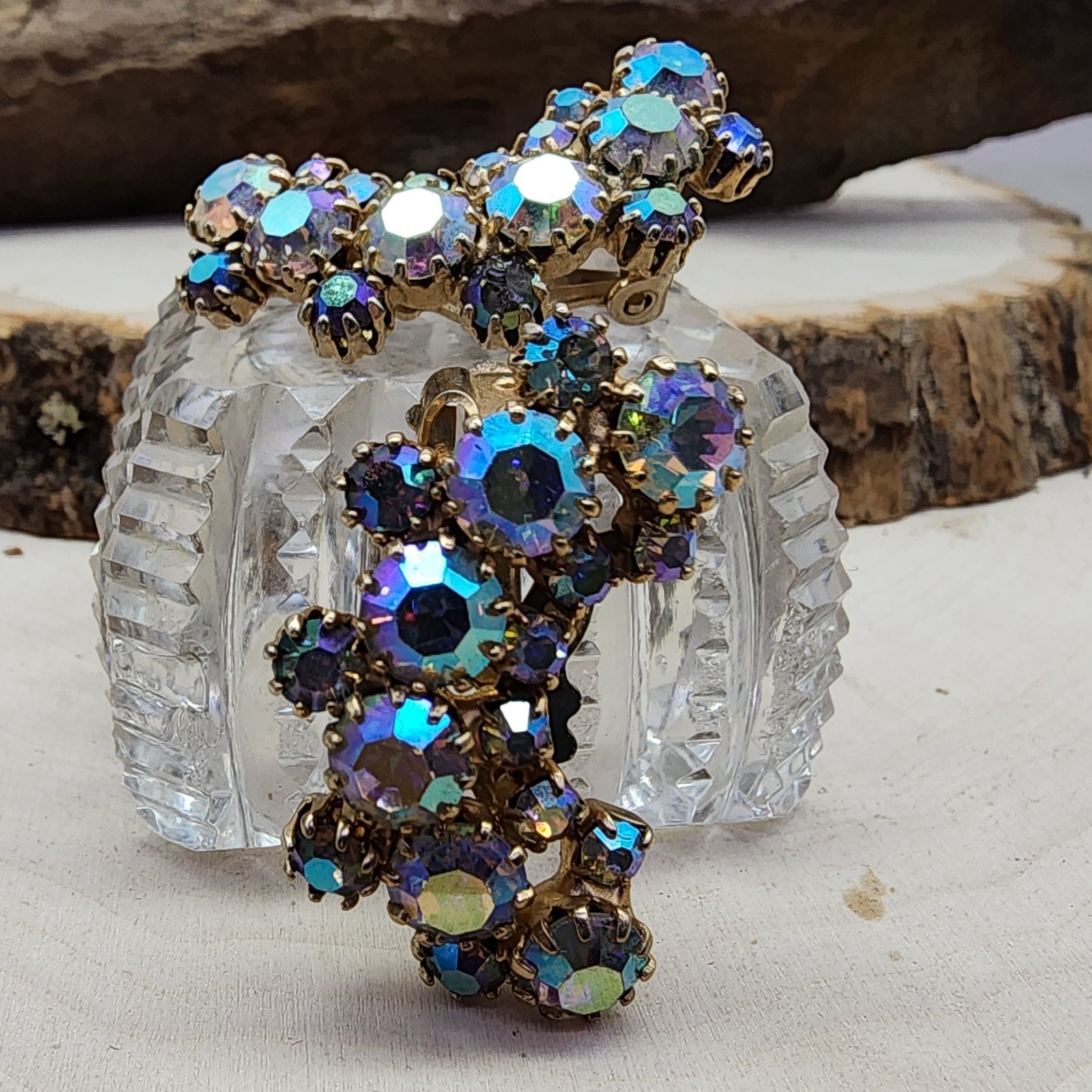 Weiss Aurora Borealis Rhinestone Iridescent 1.25″ Crescent Clip Earrings VTG