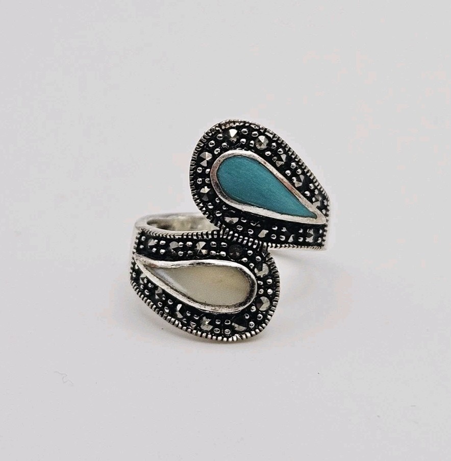 Marsala Manufacturing MC Sterling Silver Turquoise, MOP & Marcasite Ring Size 7