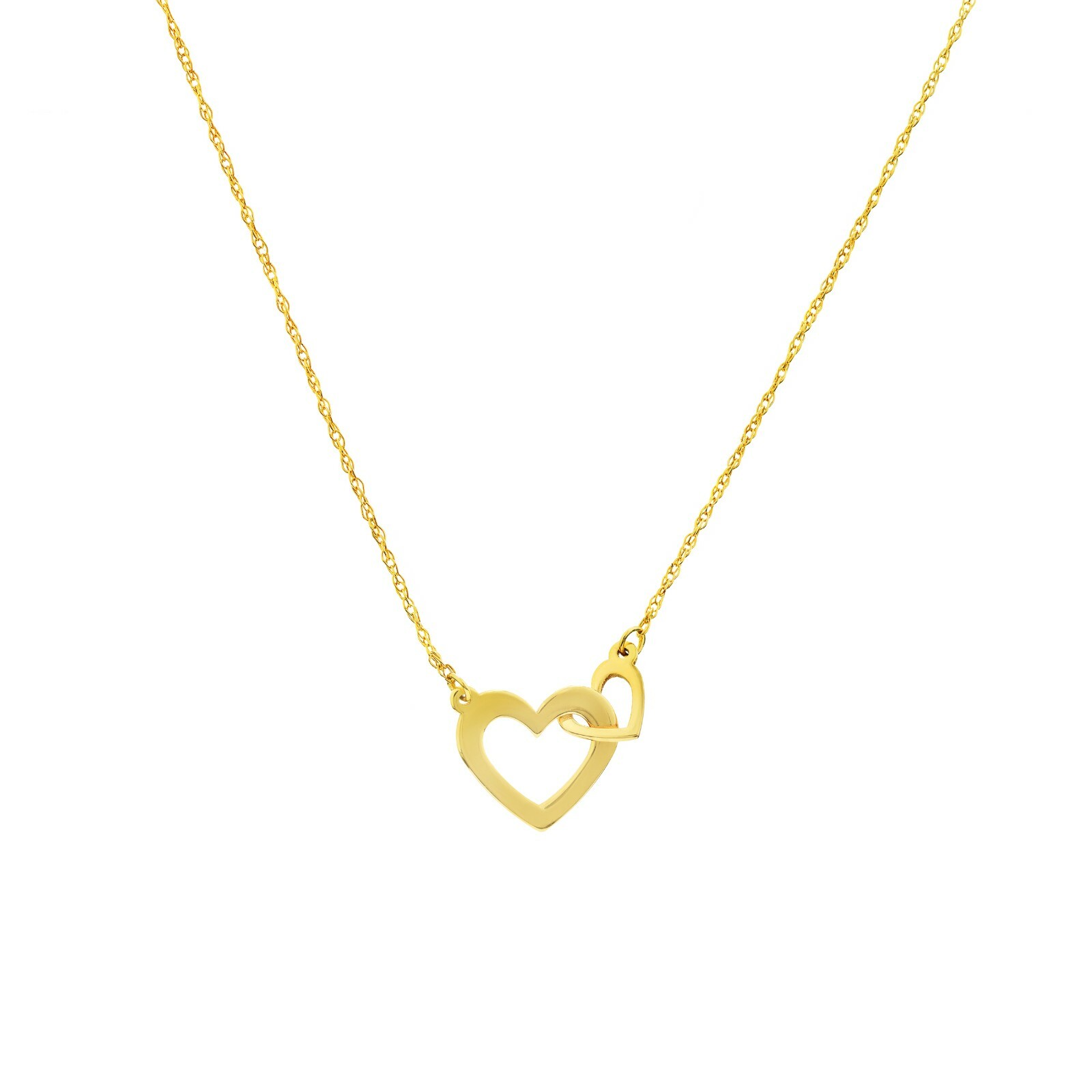 Interlocked Hearts Adjustable Chain Necklace Real 14K Yellow Gold Up to 18″
